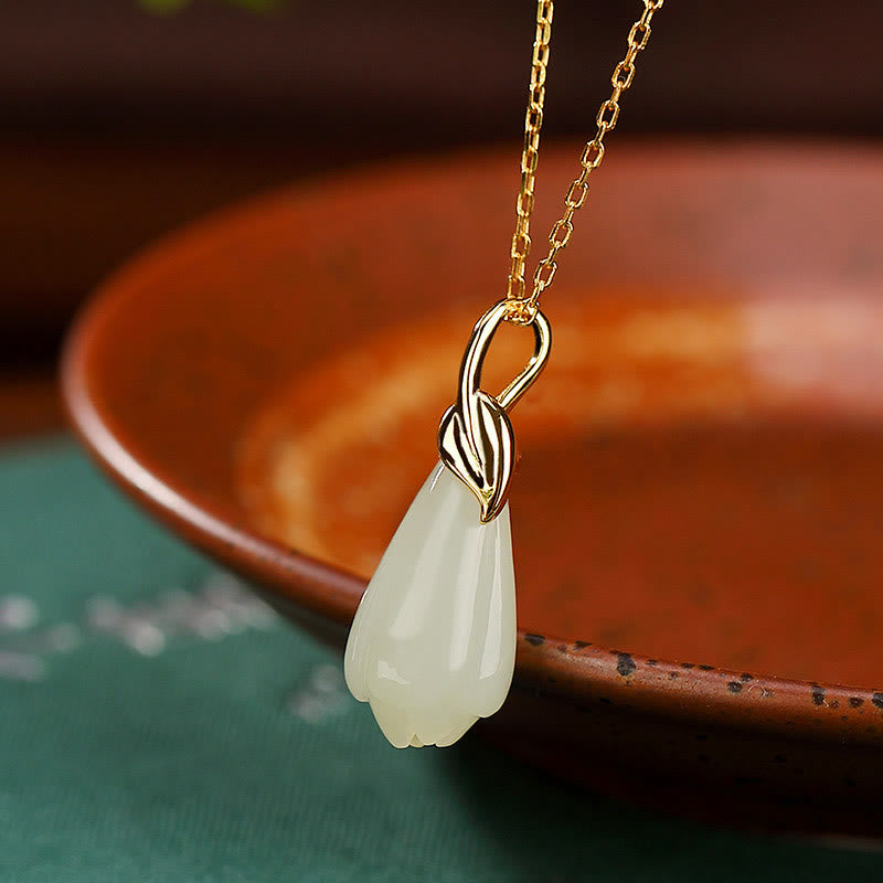 Buddha Stones , colgante de collar de abundancia de flor de Magnolia de Jade hetiano Natural chapado en plata de ley 925