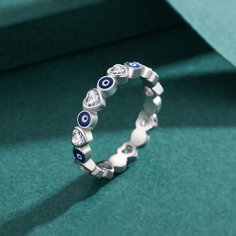 Anillo de bendición de circonita con forma de corazón de amor y mal de ojo de plata de ley 925 con Buddha Stones