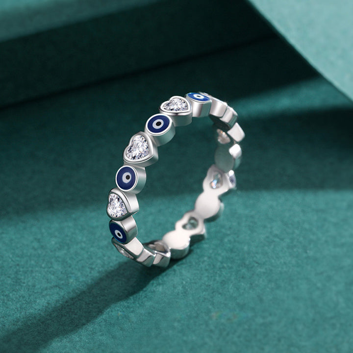 Anillo de bendición de circonita con forma de corazón de amor y mal de ojo de plata de ley 925 con Buddha Stones