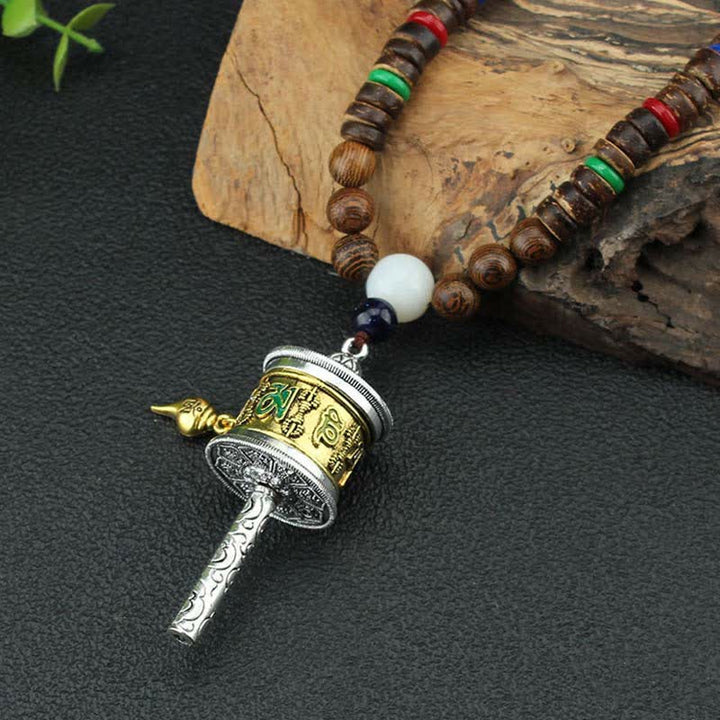 Buddha Stones tibetano Om Mani Padme Hum rueda de oración rotación Vajra collar de madera colgante - image 5