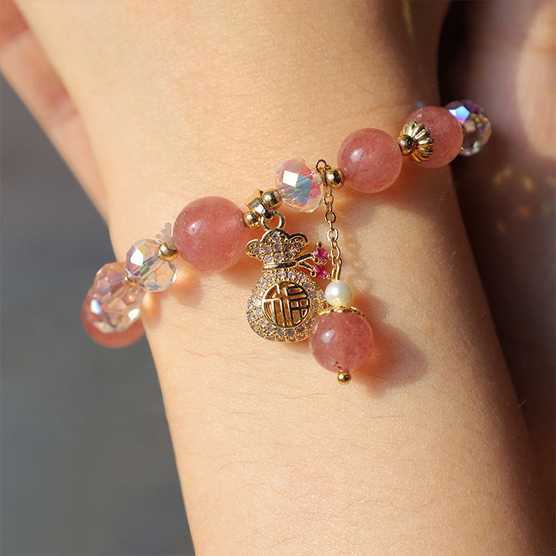 Pulsera positiva con dije para bolsa de dinero con cristal de cuarzo fresa Natural y Buddha Stones