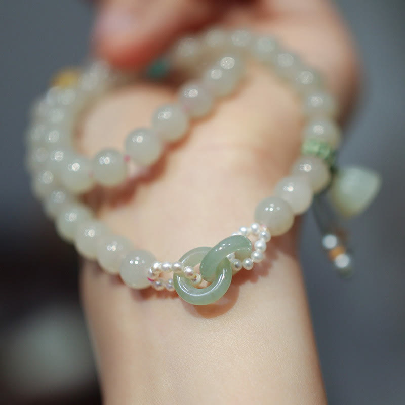 Pulsera de plata de ley 925 con Buddha Stones , jade hetiano, doble hebilla de la paz, suerte de loto