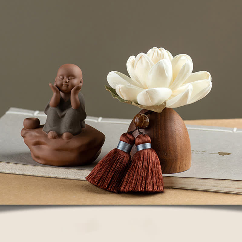 Decoraciones de cura calmante de flor de Buda de madera de melocotón negro - Pequeño monje sentado - image 17