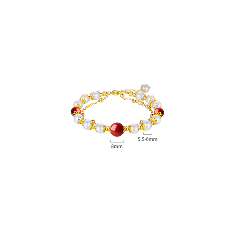 Pulsera de cadena de doble capa con cuentas de sabiduría de cinabrio y perlas de plata de ley 925 con Buddha Stones