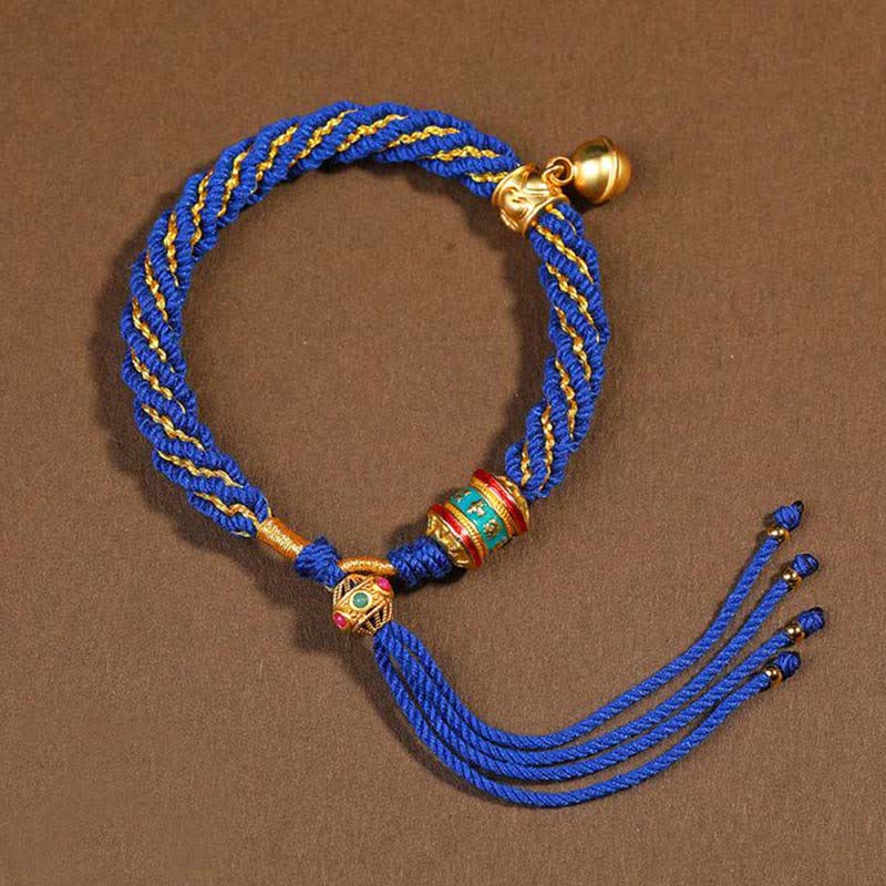 Pulsera de cuerda trenzada con dije de campana y rueda de oración Thangka de protección de la suerte hecha a mano tibetana