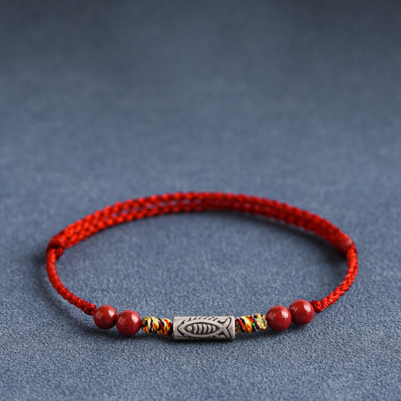 Pulsera tobillera trenzada hecha a mano con cuentas de cinabrio y pez Koi de plata de ley 925 con Buddha Stones