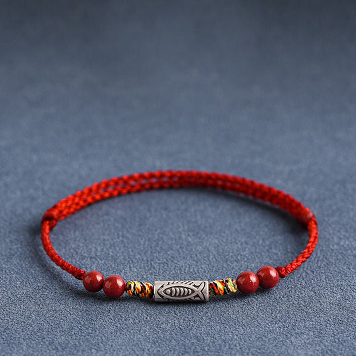 Pulsera tobillera trenzada hecha a mano con cuentas de cinabrio y pez Koi de plata de ley 925 con Buddha Stones