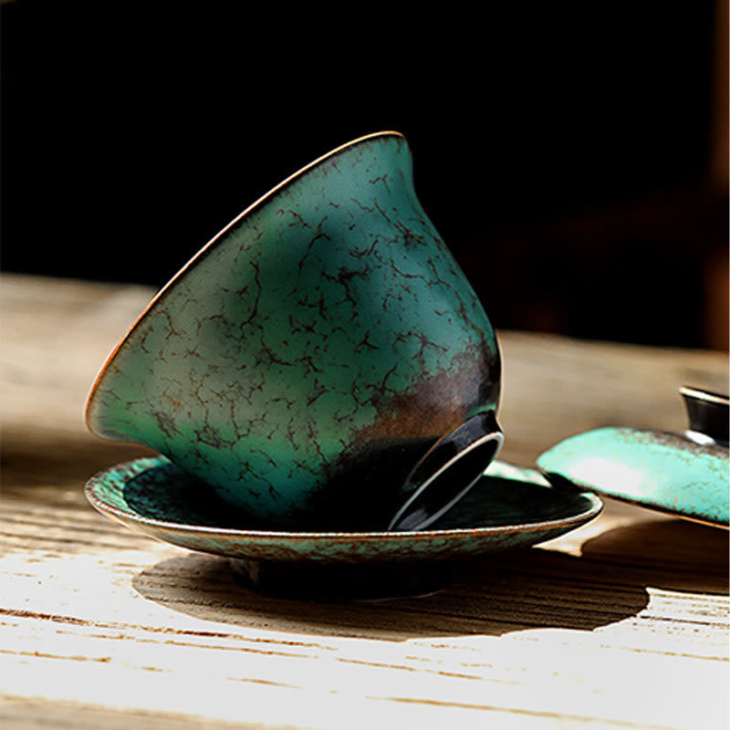 Taza de té y platillo de cerámica con esmalte verde Retro , Buddha Stones , Gaiwan Sancai, Kung Fu, con tapa