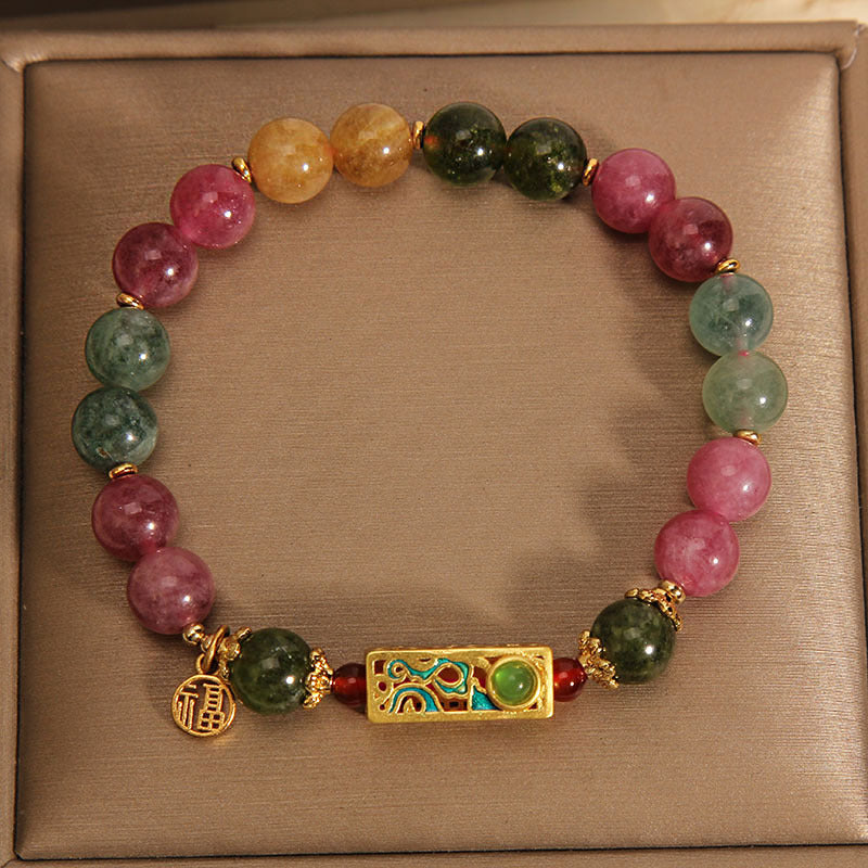 Pulsera con dije de personaje Fu positivo de turmalina colorida con Buddha Stones