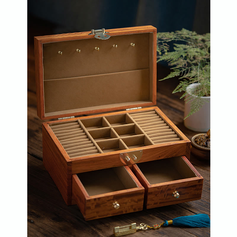 Caja de almacenamiento de joyería de palisandro hecha a mano antigua, caja organizadora de regalo de madera con flores de doble capa grande con cerradura