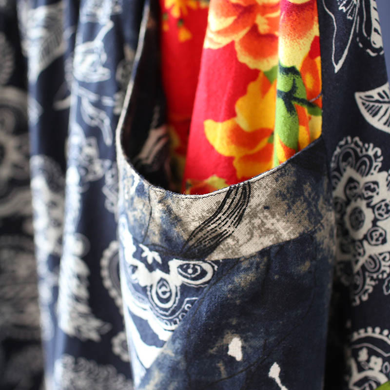 Pantalones bombachos de lino y algodón con retazos de flores de peonía azul y rojo con Buddha Stones y bolsillos