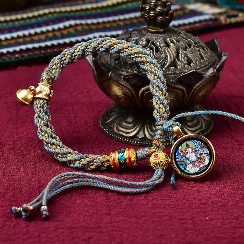 Pulsera de cuerda trenzada con dije de campana y rueda de oración Thangka de protección de la suerte hecha a mano tibetana