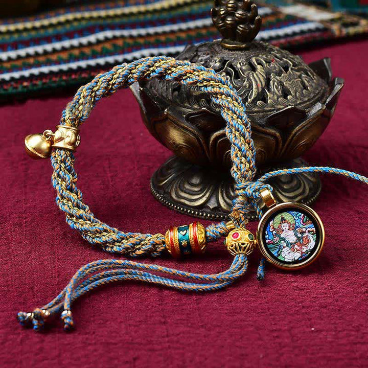 Pulsera de cuerda trenzada con dije de campana y rueda de oración Thangka de protección de la suerte hecha a mano tibetana