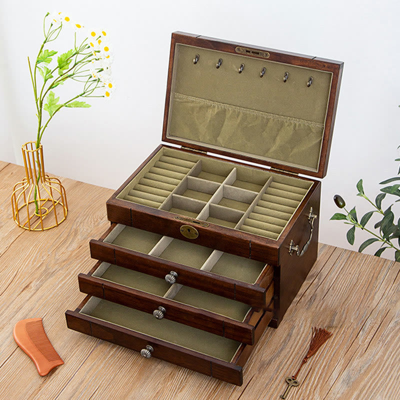 Caja de joyería de madera maciza retro con Buddha Stones, caja de almacenamiento de joyería de madera de cuatro capas