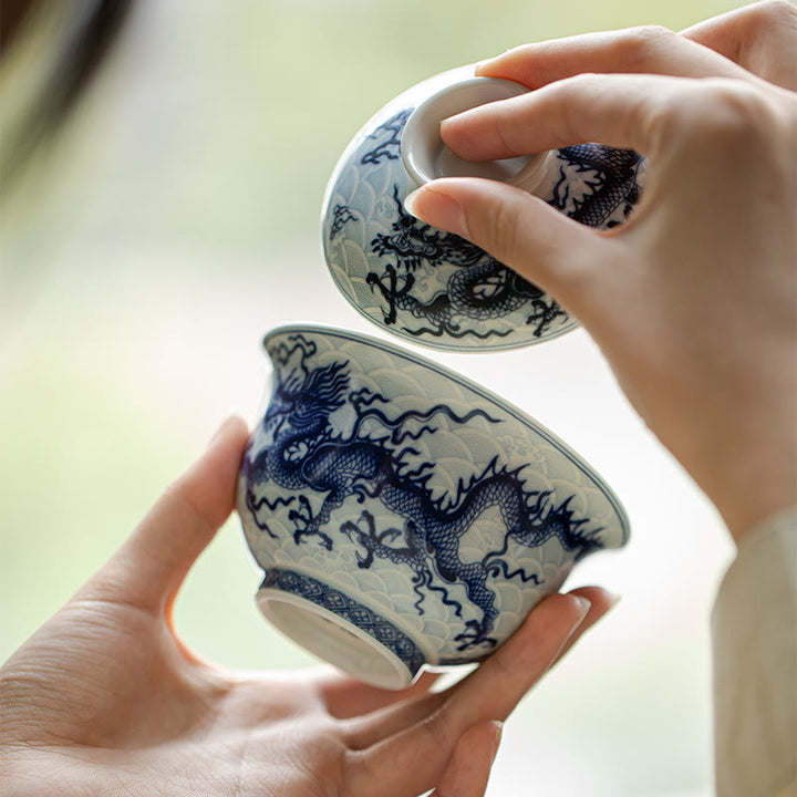 Tazas de té de cerámica con diseño de dragón azul y Buddha Stones, tazas de té de Kung Fu