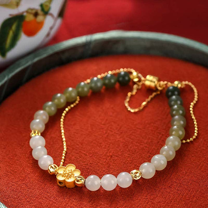 Pulsera de cadena de la suerte de flor de melocotón de jade hetiano natural de plata de ley 925 con Buddha Stones