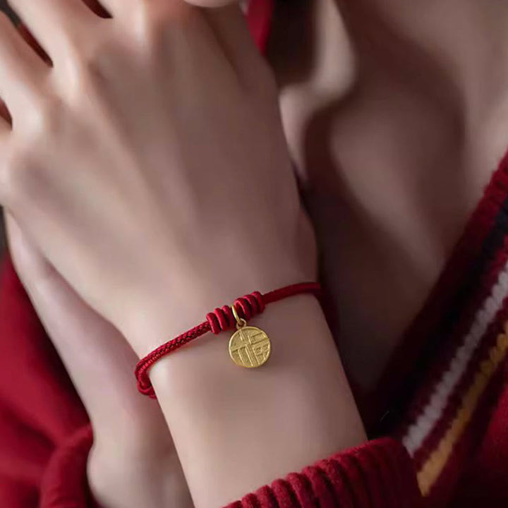 Pulsera de cuerda roja hecha a mano con Buddha Stones, ocho hilos, nudo de la paz, personaje Fu, suerte, felicidad