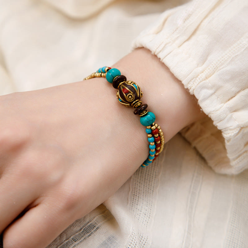 Pulsera de fuerza de protección Om Mani Padme Hum de turquesa tibetana con Buddha Stones