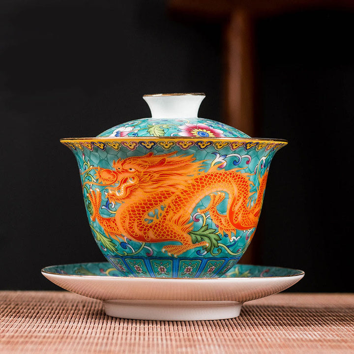 Taza de té de cerámica con diseño de flor de Fénix y dragón, Buddha Stones , Gaiwan Sancai, taza de té de Kung Fu y platillo con tapa