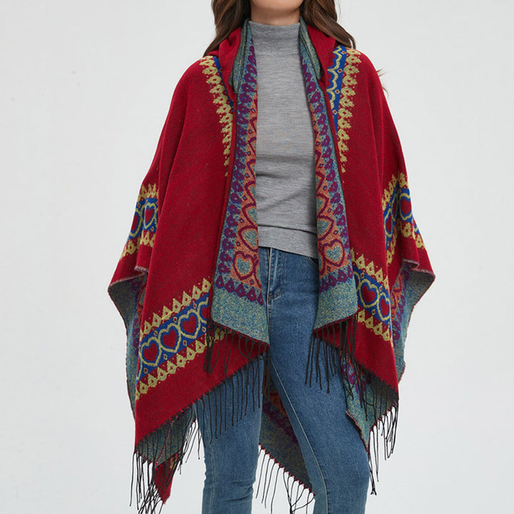 Mantón tibetano de Buddha Stones , capa con capucha y borla de corazón de amor rojo, bufanda de viaje acogedora para invierno