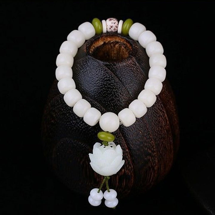 Pulsera de la suerte con semillas de Bodhi, color blanco natural, con Buddha Stones