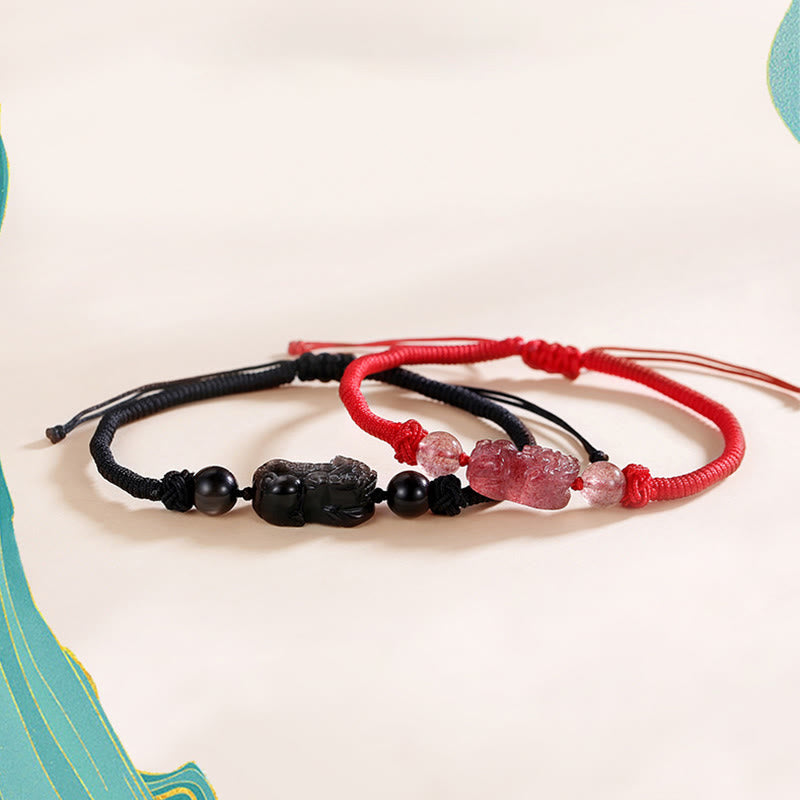 Pulsera trenzada de protección PiXiu de cuarzo fresa obsidiana con brillo de plata Natural hecha a mano con Buddha Stones