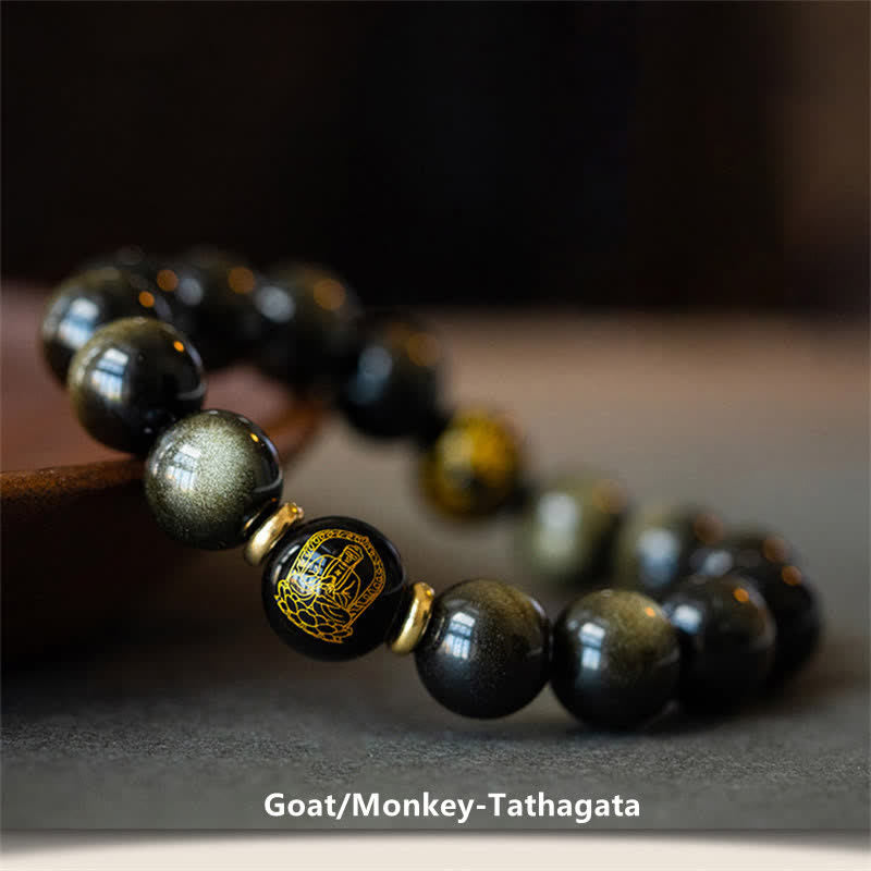 Pulsera de protección de la riqueza de obsidiana con brillo dorado del Buda Natal del zodíaco chino