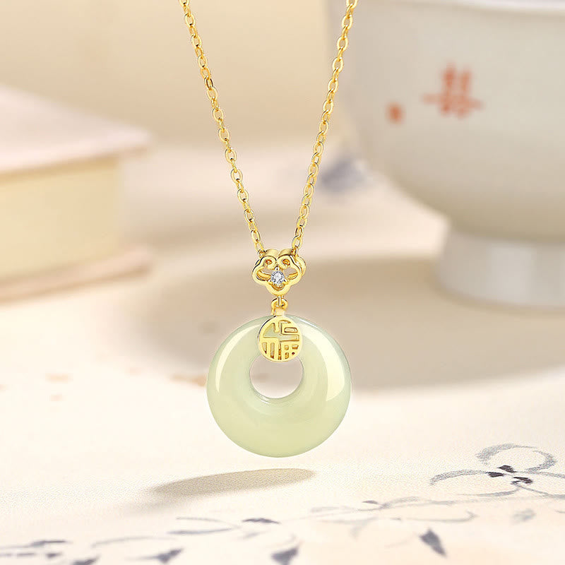 Buddha Stones Plata de ley 925 Hoja de Ginkgo Mariposa Calcedonia Rosa Hetian Jade Hebilla de la Paz Fu Carácter Armonía Collar Colgante