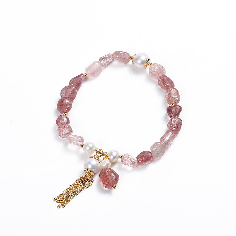Pulsera curativa de amor chapada en oro de 14 quilates con perlas de cuarzo fresa natural